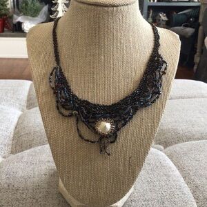 Handmade Brown Beaded Necklace | Freeform Embroidered Mixed Stones